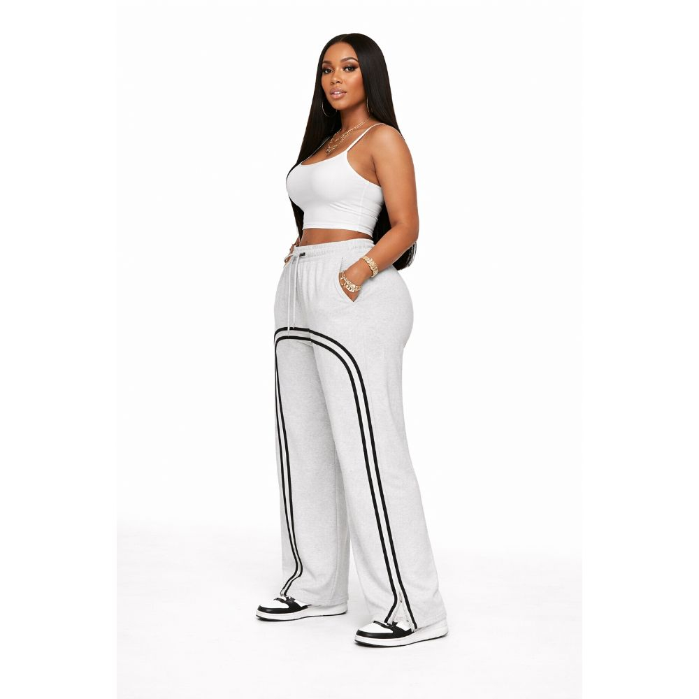 Grey Wideleg Track Pants with Side Stripes  Zip Hem Casual Trousers